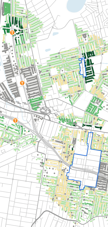 PropCode LMR planning map of a Sydney suburb, low- and mid-rise uplift bands colour-coded per property around train stations