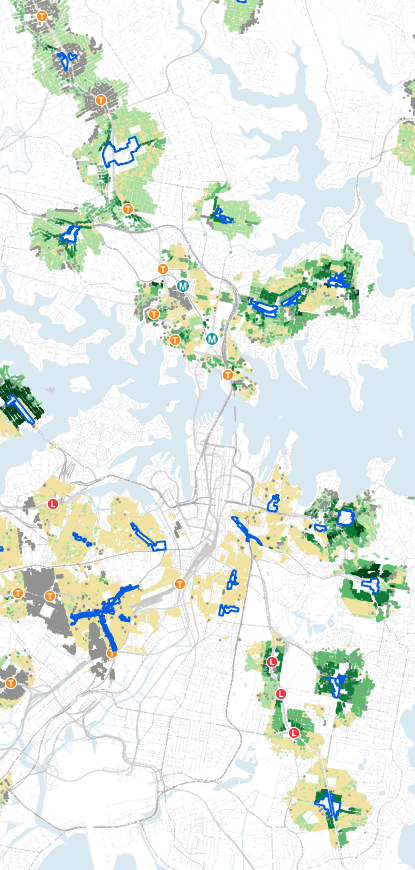 PropCode LMR/TOD planning map across a Sydney metro corridor, station catchments outlined with per-property uplift bands