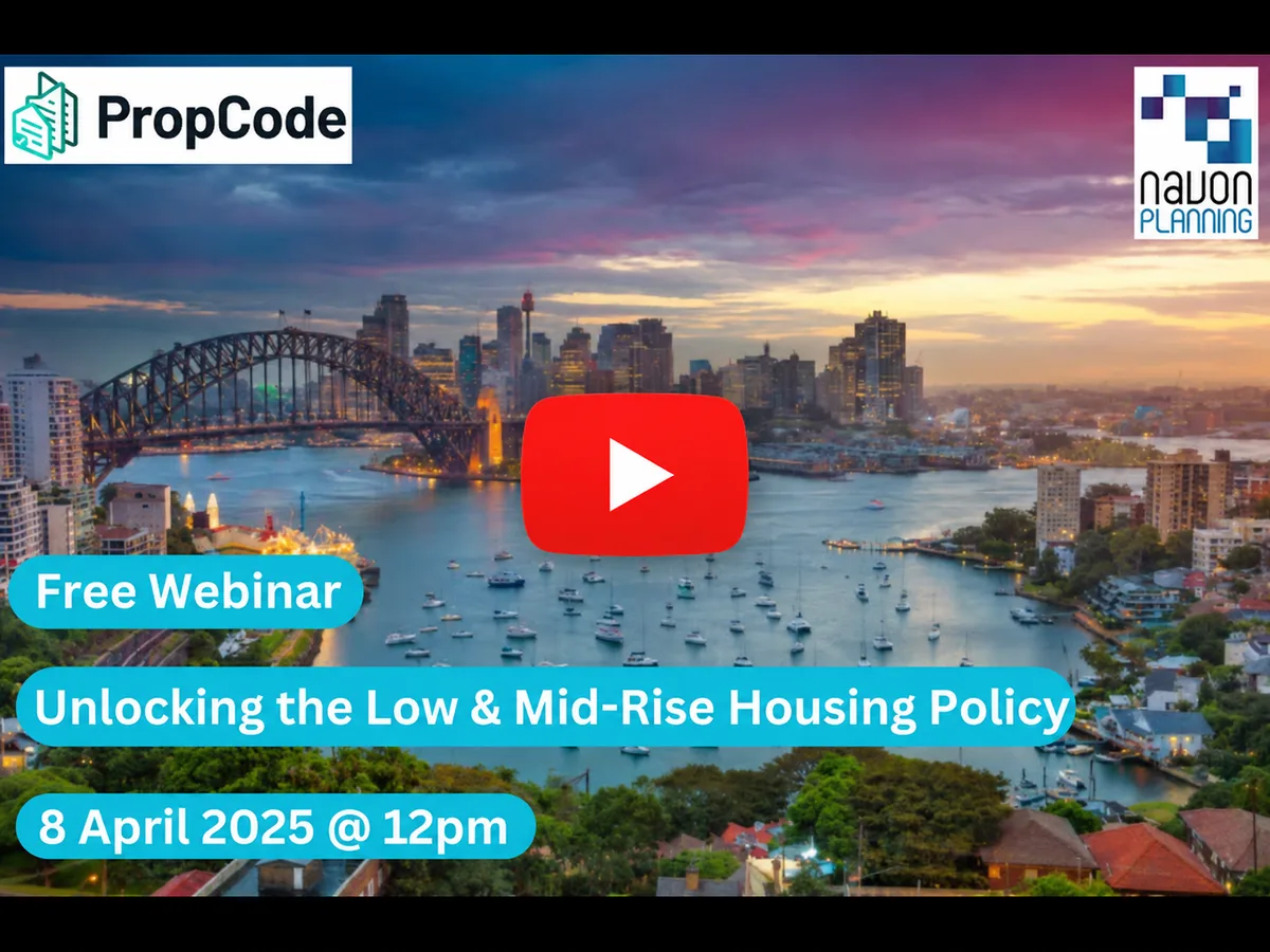 Sydney Harbour skyline with a YouTube play button for the Low and Mid Rise Reform webinar